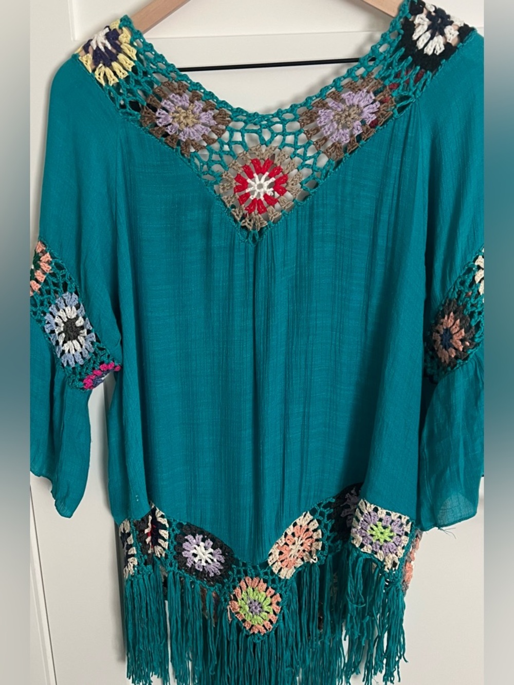 Boho Crochet Fringe Cover Up Teal Beach Tunic Festival Top